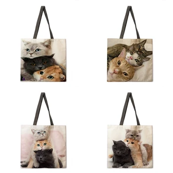 Дамски Ежедневни чанти-тоут с принтом Игривого Котка, женска чанта през рамо, Сгъваема Чанта за пазаруване, Плажна чанта