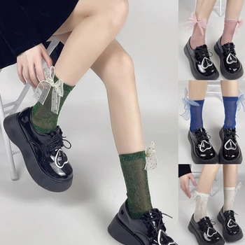 Дамски блестящи мрежести чорапи до щиколоток с метален блясък, сладки лък, блестящи тънки чорапи носочные изделия M6CD