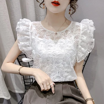 Дамски годишна елегантна бяла риза с летящими ръкави и цветен модел, скъпа дамски тънка риза с кръгло деколте и едноцветните накъдрен