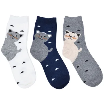 Дамски памучни чорапи с животни, есен-зима, дамски Чорапи с изображение на котка от картун Сладки, забавни черно-Бели чорапи