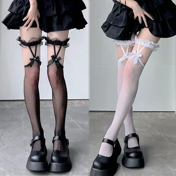 Дамски секси мрежести чорапи до бедрото, в рибарска мрежа, дълги чорапи за момичета, чорапи в японски стил, дантелени чорапи на подтяжках с лък, чорапогащи до коляното
