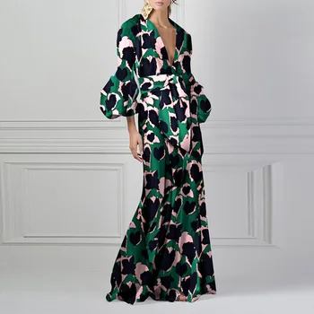 Дамско модно Макси рокля с флорални принтом и ръкав-фенерче, женски винтажное дълга плажна рокля, ежедневни свободни вечерни рокли в бохемски стил с рюшами