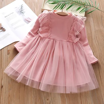 Дантелено рокля за момичета, пролет-есен, елегантна детска рокля на принцеса с цветя модел, пакет за деца, тюл за рожден Ден, ежедневни дрехи от тюл TZ470