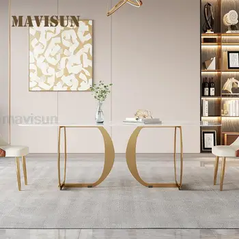Европейски стил, дизайн плотове от бял мрамор, Модерен изчистен правоъгълен лъскава маса от висок клас, златни мебели