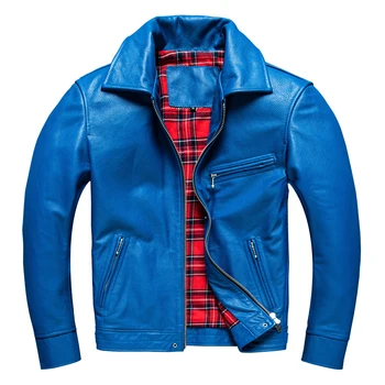 Ежедневно яке от естествена кожа, мъжки синьото яке от телешка кожа в стил Slim Конник, есенно-пролетно облекло, кратко мотоциклетное палто от мека телешка кожа
