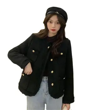 Есенно-зимни връхни дрехи, корейското модно вълна палто в стил ретро с кръгло деколте и кожени ресни, уличен стил, однобортный топ, якета с подплата