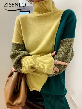 Жена Пуловер, Новият есенно-зимния случайни пуловер, поло в контрастен цвят, без пуловер, пуловер оверсайз, корейската мода