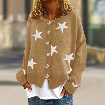 Жена пуловер, яке с шарени звезди, однобортное козина, кръгла силует, Пуловер с отворена предна част, без приятелка, ежедневни дрехи за почивка H Line