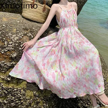 Женствена рокля в морската плажния стил Kimotimo 2023, Летни нагънат Дълги Рокли с флорални принтом на спагети презрамки, френски сладки с Елегантен празничен хавлия