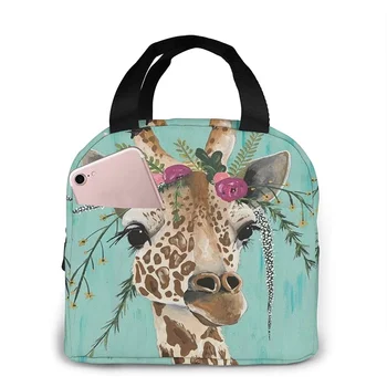 Жираф с флорални убором, обяд-бокс, Множество изолирани чанта за обяд, чанта-хладилник, чанта-тоут с преден джоб с цип, За жени и мъже