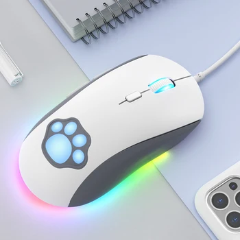 Жичен детска мишката RGB със сладка котешка си крак, 6 нива за настройка, 7200 dpi, точна оптична ергономична мишка, тихи игри мишка за геймъри