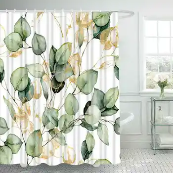 Зелени клони евкалипт, акварелни листата на растенията, завеси за душ в банята, водоустойчив завеса за баня от полиестер с куки