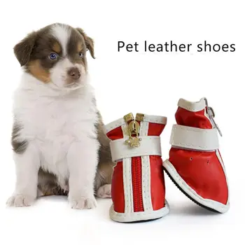 Зимни обувки за кучета, обувки за кучета, спортни нескользящие обувки за кученца от изкуствена кожа за домашни кучета, топло плюшен градинска обувки с еластична лента, 4 цвята