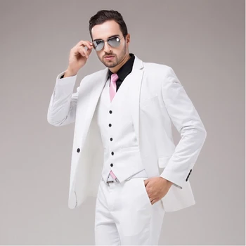 Италиански Луксозни Мъжки Оптични Бели Костюми, яке, Панталони, Официални тоалети, Мъжки Костюми, Мъжки Сватбени костюми, Смокинги младоженеца (яке + панталон + елек + вратовръзка)