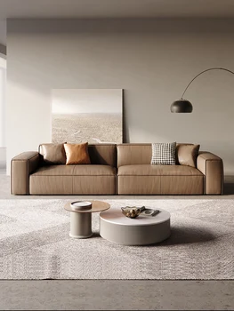 Италиански минималистичен кожен диван 2023, нов стил, хол от телешка кожа, модерен скандинавски блок от тофу, директен кожен диван