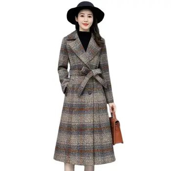 Клетчатое темпераментное вълна палто, женски есенно-зимния приталенное женски вълна палто над коляното в западен стил със средна дължина.