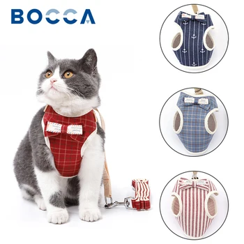 Комплект колан и каишка за котки Bocca, Регулируема жилетка за коте, текстилен каишка с лък, найлон, сладки малки аксесоари за котки