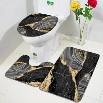 Комплект постелки за баня от черен мрамор, златисто-сив канава абстрактен художествен модел, модерен начало декор за баня, Нескользящий подложка, капак на тоалетната чиния