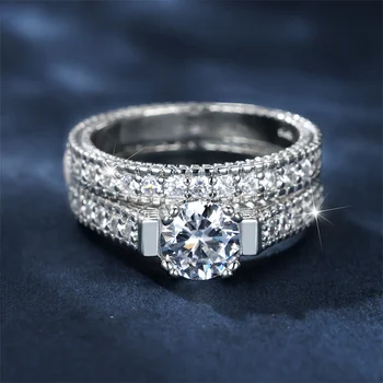Луксозен женски комплект пръстени с бял кристал, приказно сребърни Венчални халки с камъни за жени, годежен пръстен с цирконием за булката