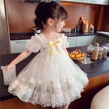 Лятна рокля за малки момичета, квадратен яка, къс ръкав, бродерия, мрежести ежедневни рокли за партита в корейски стил, детски дрехи Q384