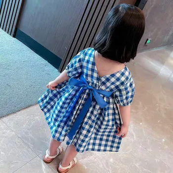 Лятна рокля за малки момичета в корейски стил, синя рокля на принцеса за новородени момичета, детски празнични рокли в клетката, празнична детски дрехи