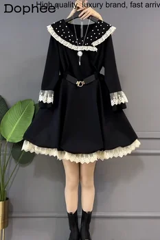 Модерен есенно-зимния ново леко луксозно свободно женствена рокля оверсайз в консервативна стил с хубав кукла яка, завързана отстрочкой, черна рокля midi