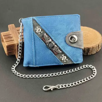Модерен мъжки портфейл за момчета, чантата с черепа под формата на крило, подарък верига, синьо