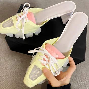 Модерна сценична обувки 2022, дамски дизайнерски джапанки с нов атласным покритие, летни чехли с остри пръсти в стил мозайка дантела