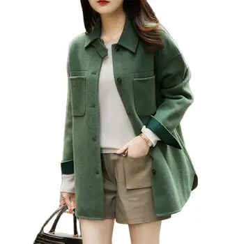 Модни Зелени вълнени палта дамски 2023, пролет-есен, нова корейска однобортная лека вълнена риза, палто дамско яке