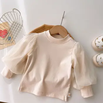 Мрежести блузи с пищни ръкави за малки момичета, пуловери, долни ризи, детски пролет-есен облекло, детски свитшоты принцеса рожден ден, облекло