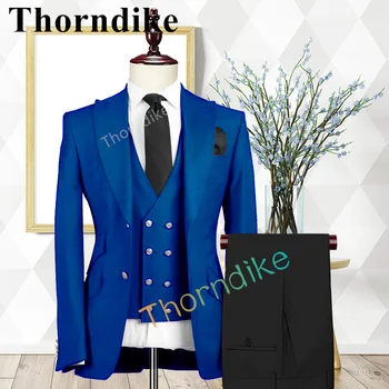 Мъжки костюм Thorndike, Комплект от 2 теми, Яке и панталони, Royal-Blue-Смокинги за младоженеца-С козирка-ревери-Мъжки Костюми на Сватбата-Кума-Сако