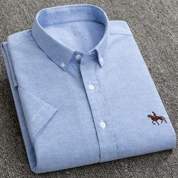 Мъжки ризи Оксфорд от 100% чист памук с къс ръкав и бродерия във формата на кон, ежедневни риза, без джобове, мъжка риза с копчета с къс ръкав 6XL