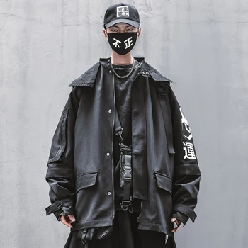 Мъжки яке Techwear, черна ветровка с канджи, японска градинска облекла, модно палто с качулка