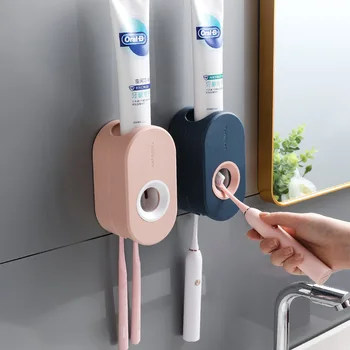 Набор от лепило автоматични сокоизстисквачка за паста за зъби, стенен държач за паста за зъби, поставка за четка за зъби, монтиран на стената засмукване сокоизстисквачка за паста за зъби