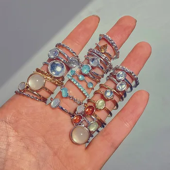 Нов набор от разноцветни пръстени с камъни за жени и момичета, модни метална верижка, геометрични квадратни, кръгли, пръстени, бижута, Подаръци, Аксесоари