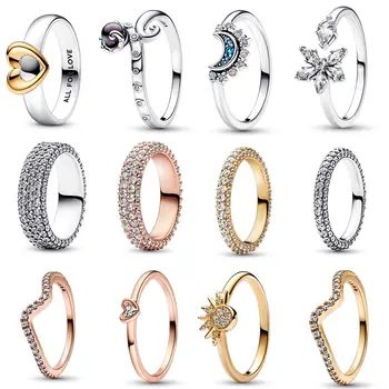Нови пръстени във формата на сърце от сребро 925 проба, пръстен с блеснали цирконий, слънчева светлина, на луната, модерно оригинален пръстен, сребърни бижута, подарък за любителите на
