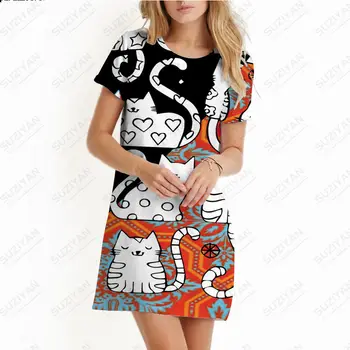 Облекло с 3D принтом, женска тениска с кръгло деколте и къс ръкав, пуловер, къса пола, свободна ежедневна пола трапецовидна форма с голям размер, cartoony котка, домашни любимци,