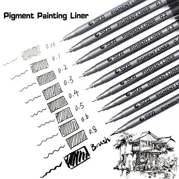 Пигментоза Подложка Pigma Micron Ink чувствах върха писалка 0,05 0,1 0,2 0,3 0,4 0,5 0,6 0,8 мм Четка С Различни Наклони, Черни Моливи за рисуване Fineliner
