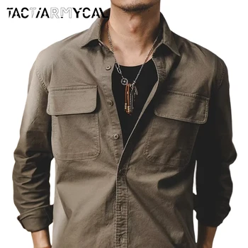 Пролетни мъжки тактически ризи, работна риза с дълъг ръкав, однотонное палто в стил милитари, есенна мода мъжка риза Armygreen цвят Каки