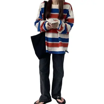 Пролетно-Есенен Дамски Hoody, Модерен Случайни Пуловер на райета, Корейски Свободен Тънък Топ с кръгло Деколте и дълъг ръкав, Новост 2023