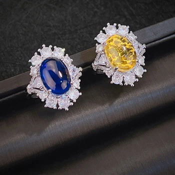 Пръстени нов стил ретро Луксозен кралския сапфир цвят с имитация на жълто-синьо за жени, модерно годежен пръстен е сребърен цвят