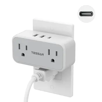 Разклонител контакта TESSAN US с 2 розетки на променлив ток и 3 USB 1 USB C), захранващ Адаптер 5 в 1 с множество Контакти за пътуване, за дома, офиса
