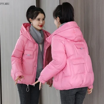 Реколта зимни дрехи, топли зимни палта в корейски стил с дълги ръкави и джобове, къса яке, свободна яке с качулка на памучна подплата, дебели къси паркове