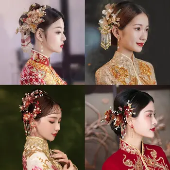 Сватбени Аксесоари за коса, ръчно изработени в китайски стил в ретро стил, украсени с мъниста, женски страхотна древния костюм, аксесоари за рокли с дракони и Фениксом