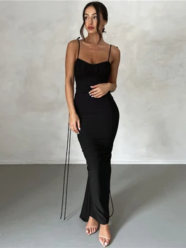 Секси рокля-комбинация с открити рамене, пролетно-летни рокли без ръкави с деколте лодка за жени 2023, елегантен монтиране вечерен халат