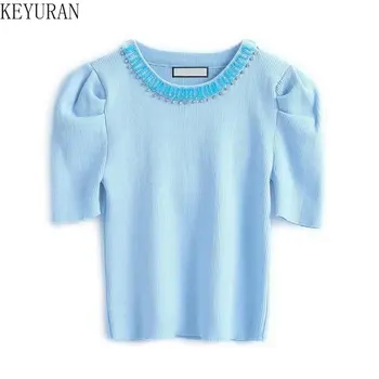 Синя вязаная тениска с диаманти женствена тениска с кръгло деколте, еластичен тънък обикновен пуловер с къс ръкав, летен трикотаж, блузи, тениски, Pull Femme
