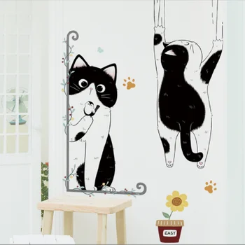 Сладък котка, черно-Бял стикер за стена, тапети, хол, Детска, Домашен декор