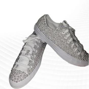 Сребристо-бяла парусиновая обувки с ниски берцем, перли, Планински кристал, удобни обувки за ходене, ръчна работа, неутрална вулканизированная обувки с перли 35-46