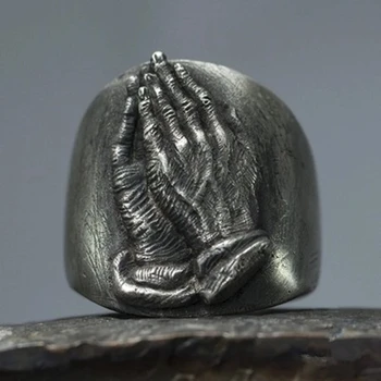 Уникален мъжки пръстен от неръждаема стомана, в сребърен цвят, молитвено пръстен за двете ръце, мъжки вечерни украса