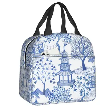 Чанта за обяд с изолация Pagoda Forest за жени, синя, Делфтская, реколта, в стил шинуазри, термосумка за Bento, кутия за деца в училищна възраст